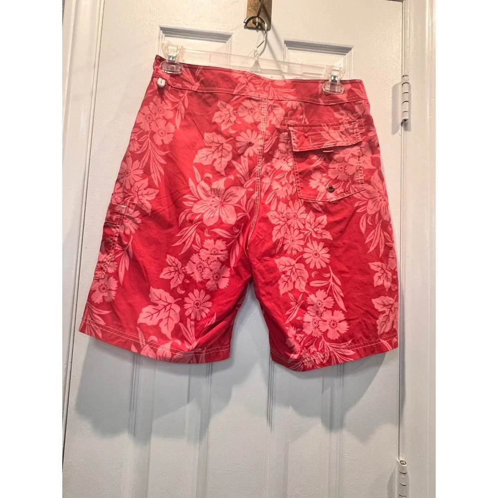 J. Crew Mens Red Floral Hibiscus Board Shorts Swim Trunks Size 32 Cargo Pocket